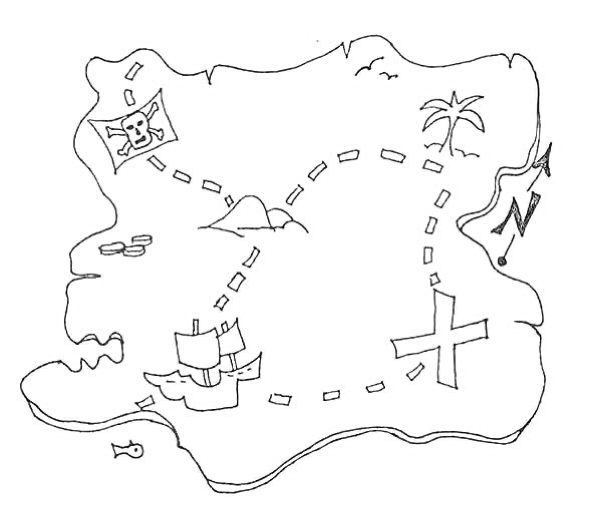 На раскраске изображено: Карта, Сокровища, Пиратский флаг, Остров, Корабль, Крест, Компас, Море, Пальмы