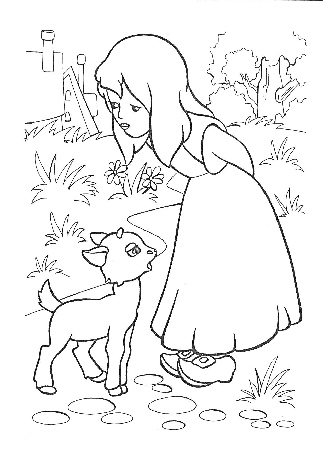 Раскраска Девочка в платье с козленком на лесной поляне у домика