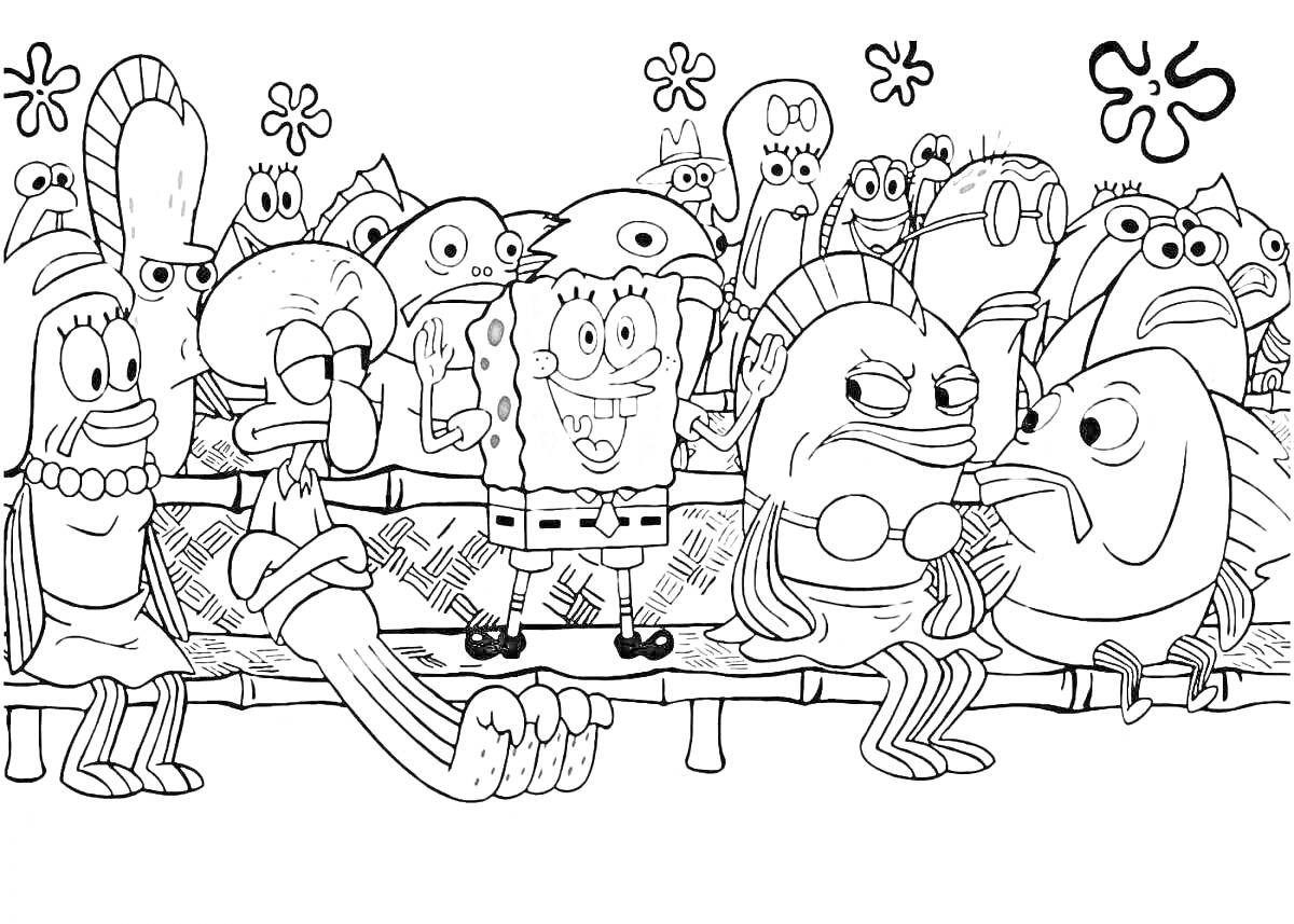 Раскраска Персонажи из мультфильма в зрительном зале. На переднем плане сидят пять персонажей, включая губку, осьминога и рыбу. Сзади - множество разных персонажей.