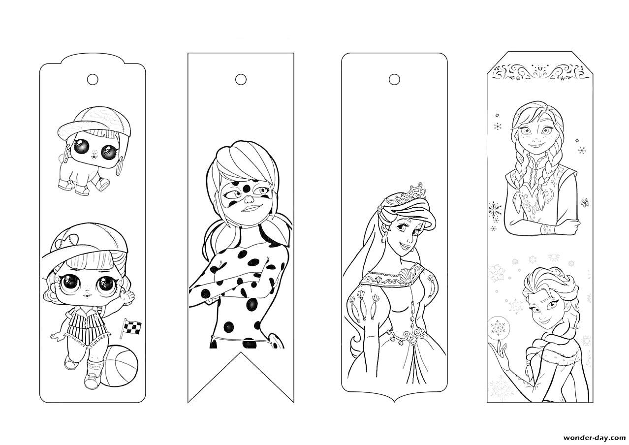 На раскраске изображено: Закладки, Принцесса, Корона, Тёплая одежда, Снежинки, Для девочек