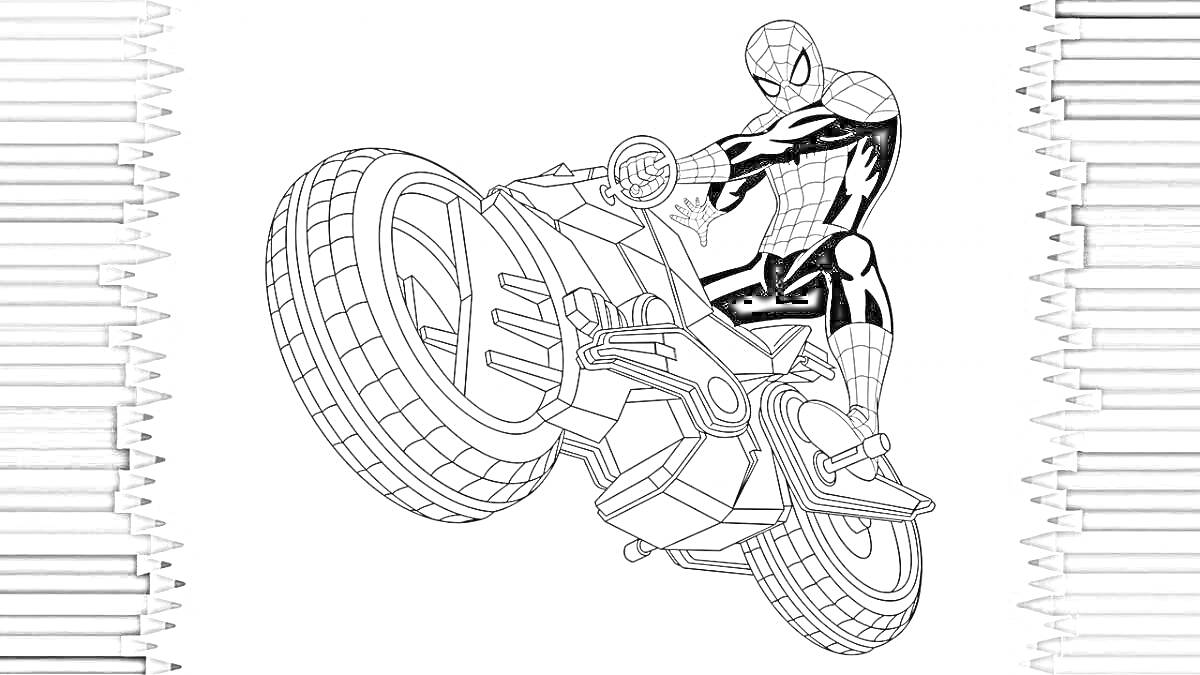 На раскраске изображено: Человек-Паук, Мотоцикл, Транспорт, Комиксы, Для детей, Марвел, Супергерои