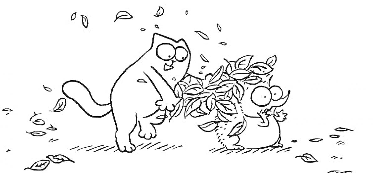 Раскраска Кот Саймон и ежик в куче листьев