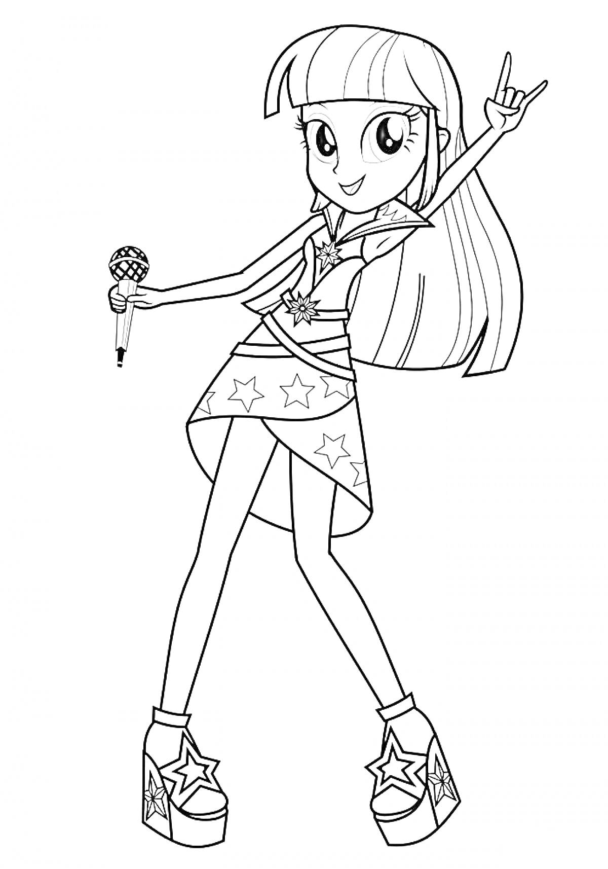 Раскраска Девочка с длинными волосами, в наряде со звёздами и микрофоном, показывает рок-жест
