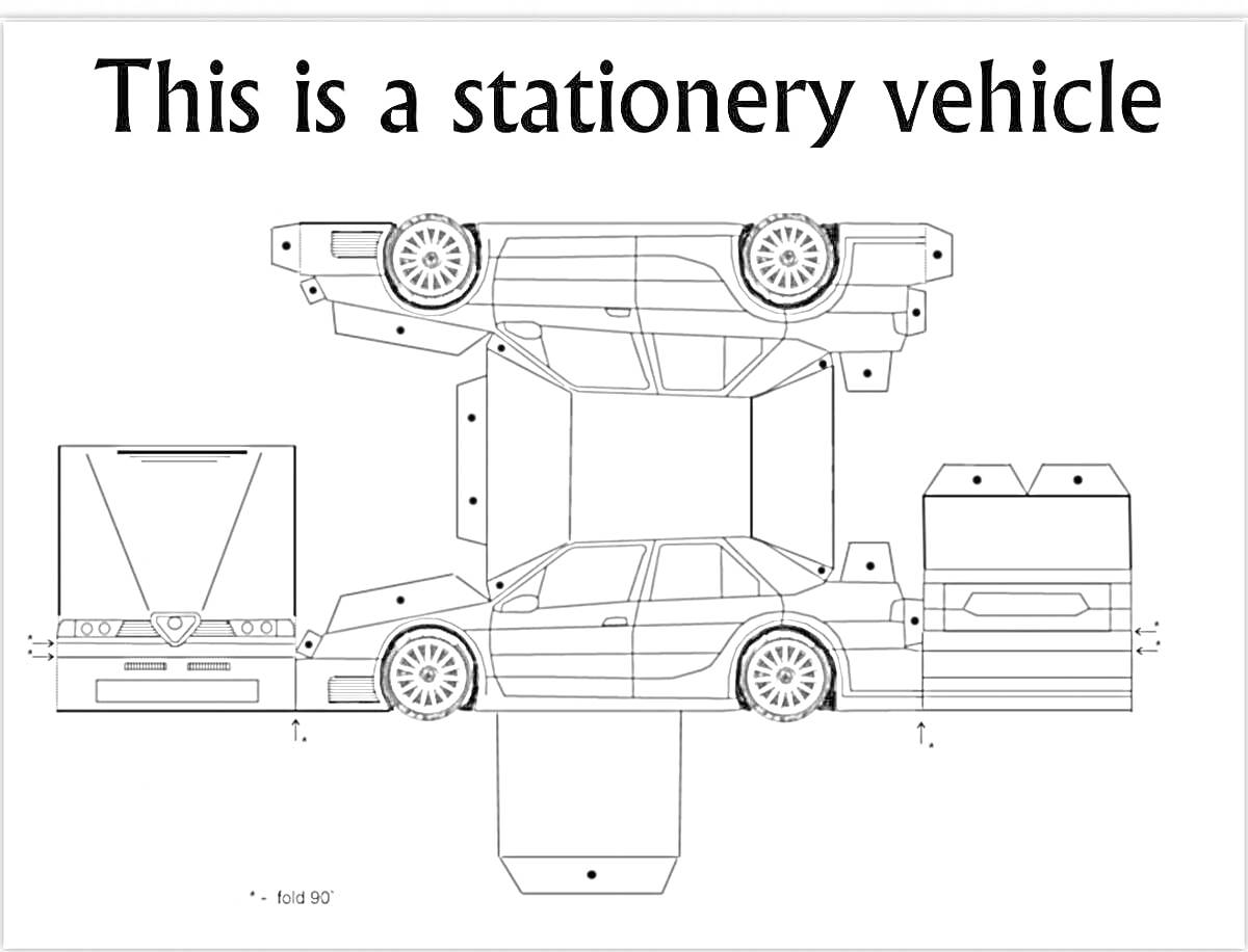 Раскраска Развертка автомобиля-оригами с деталями кузова, колесами, капотом и крышей