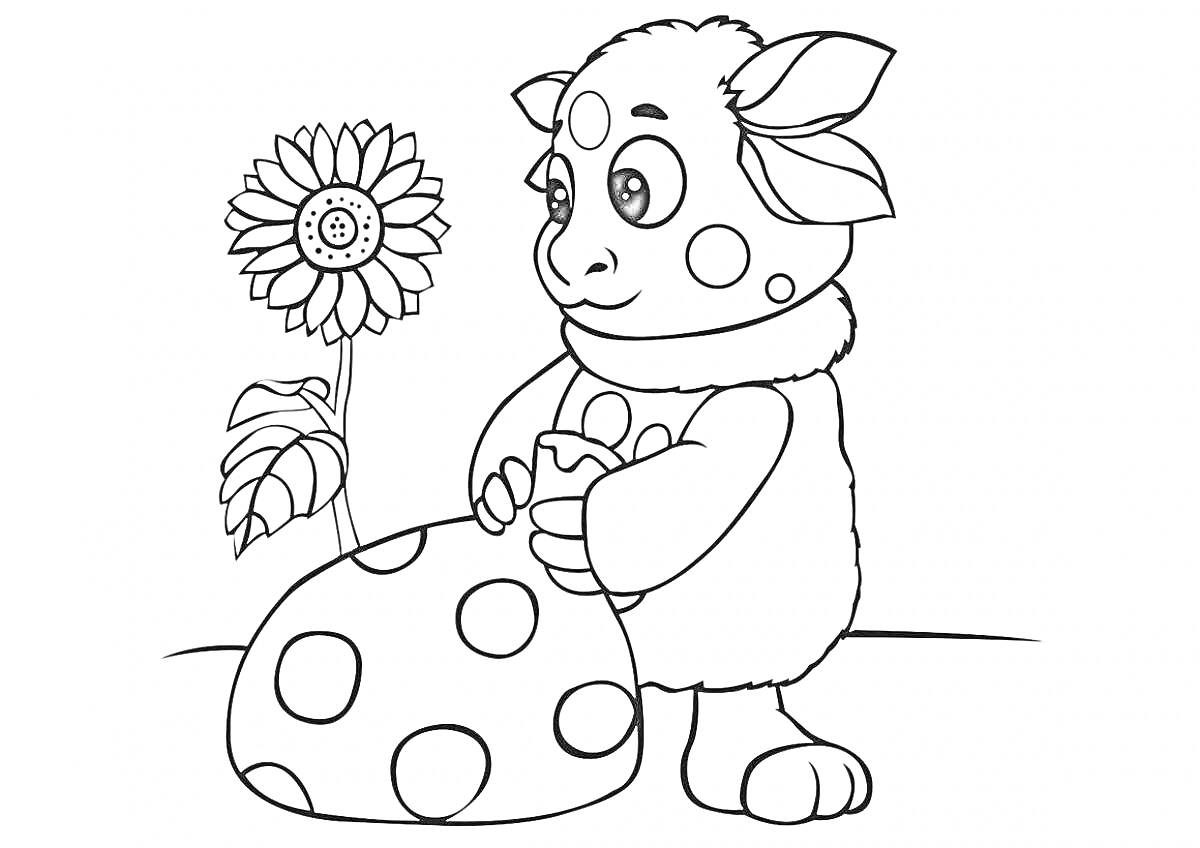 Раскраска Существо с большими ушами и цветок возле камня с кругами