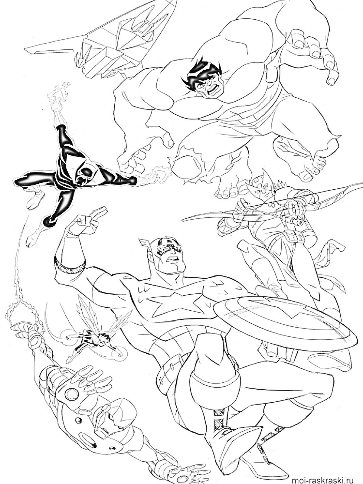 Раскраска Команда супергероев в действии (самолет, зеленый мускулистый персонаж, персонаж с паутинкой, персонаж в бронекостюме с турбонаплечником, летающий персонаж в шлеме с крыльями, персонаж с блестящим щитом)