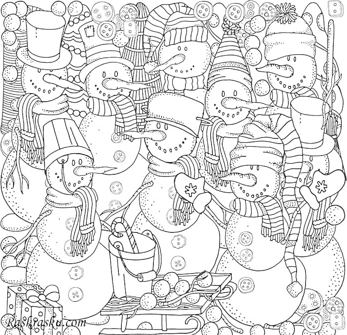 Раскраска Снежные человечки с ведром и санками, в шапках и шарфах, на фоне снега и снежков, кнопок и снежинок