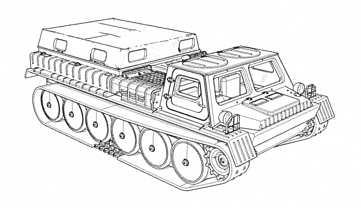 Раскраска Вездеход с гусеничным ходом и кабиной водителя.