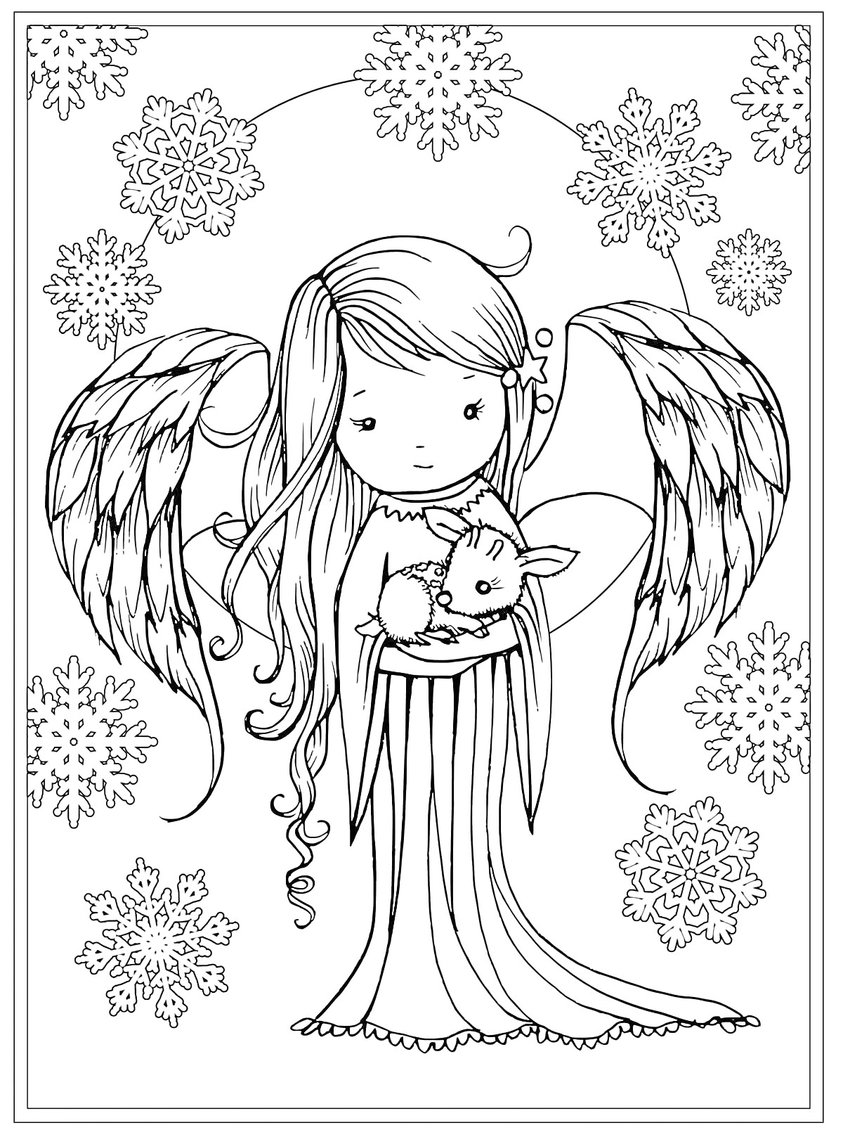 Раскраска Ангел с кроликом и снежинками