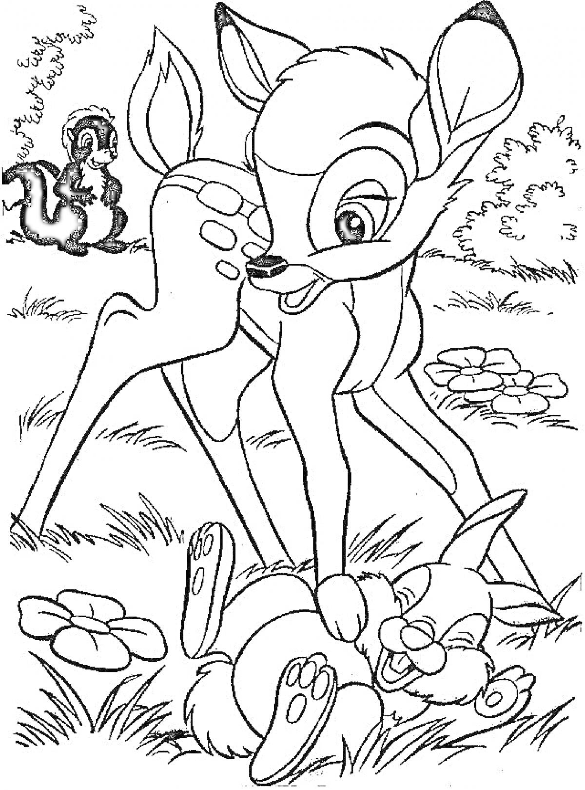 РаскраскаБэмби с другом зайцем и смотрящим на них скунсом на лугу с цветами