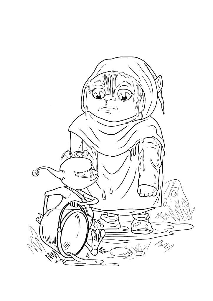 Раскраска Джинглики: персонажи с барабаном на траве