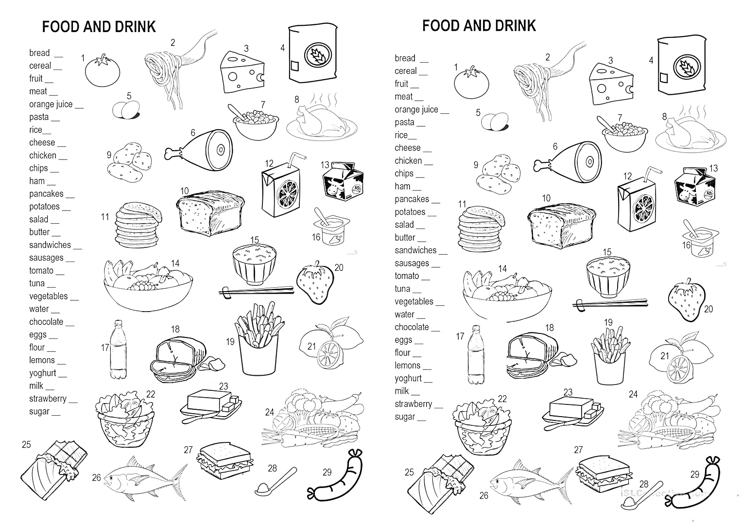 Раскраска Food and Drink Coloring Page with Various Food Items