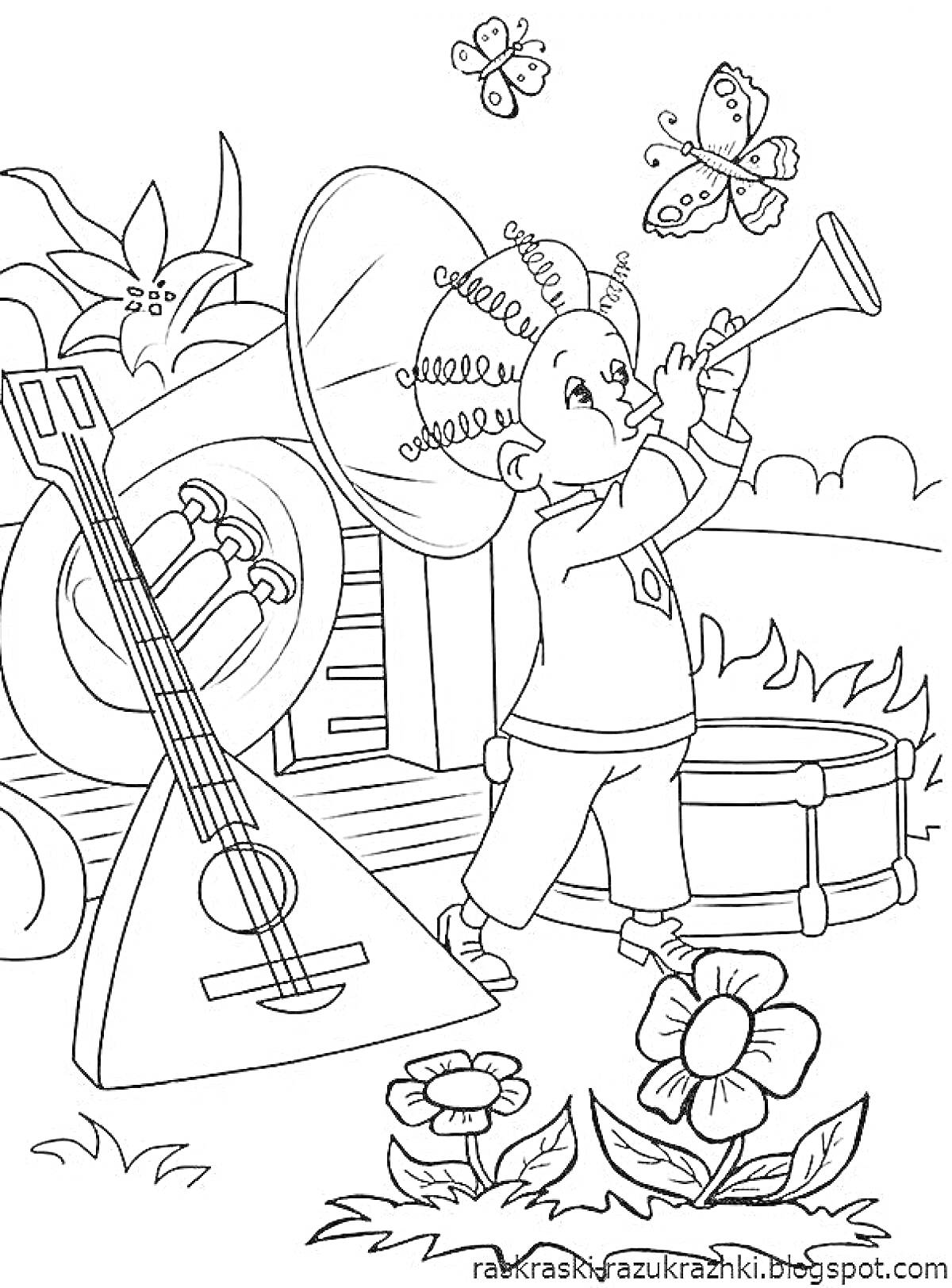Раскраска Мальчик с духовым инструментом, балалайка, барабан, цветы, бабочки