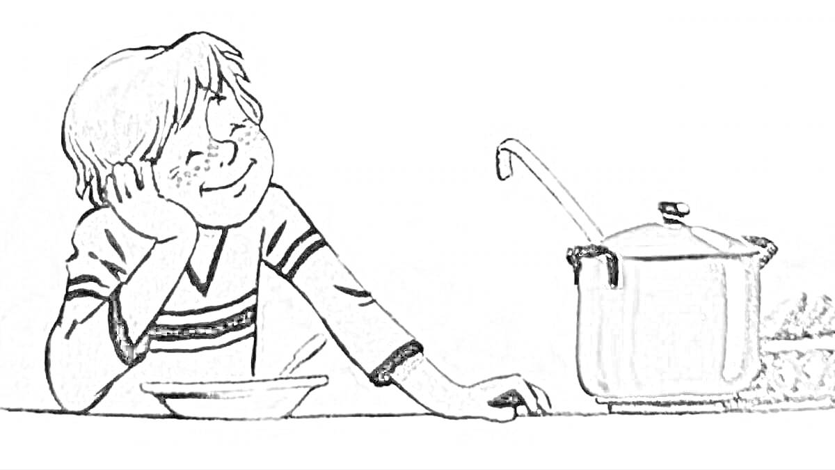 Раскраска Человек, смотрящий на кастрюлю с овощами на кухонном столе