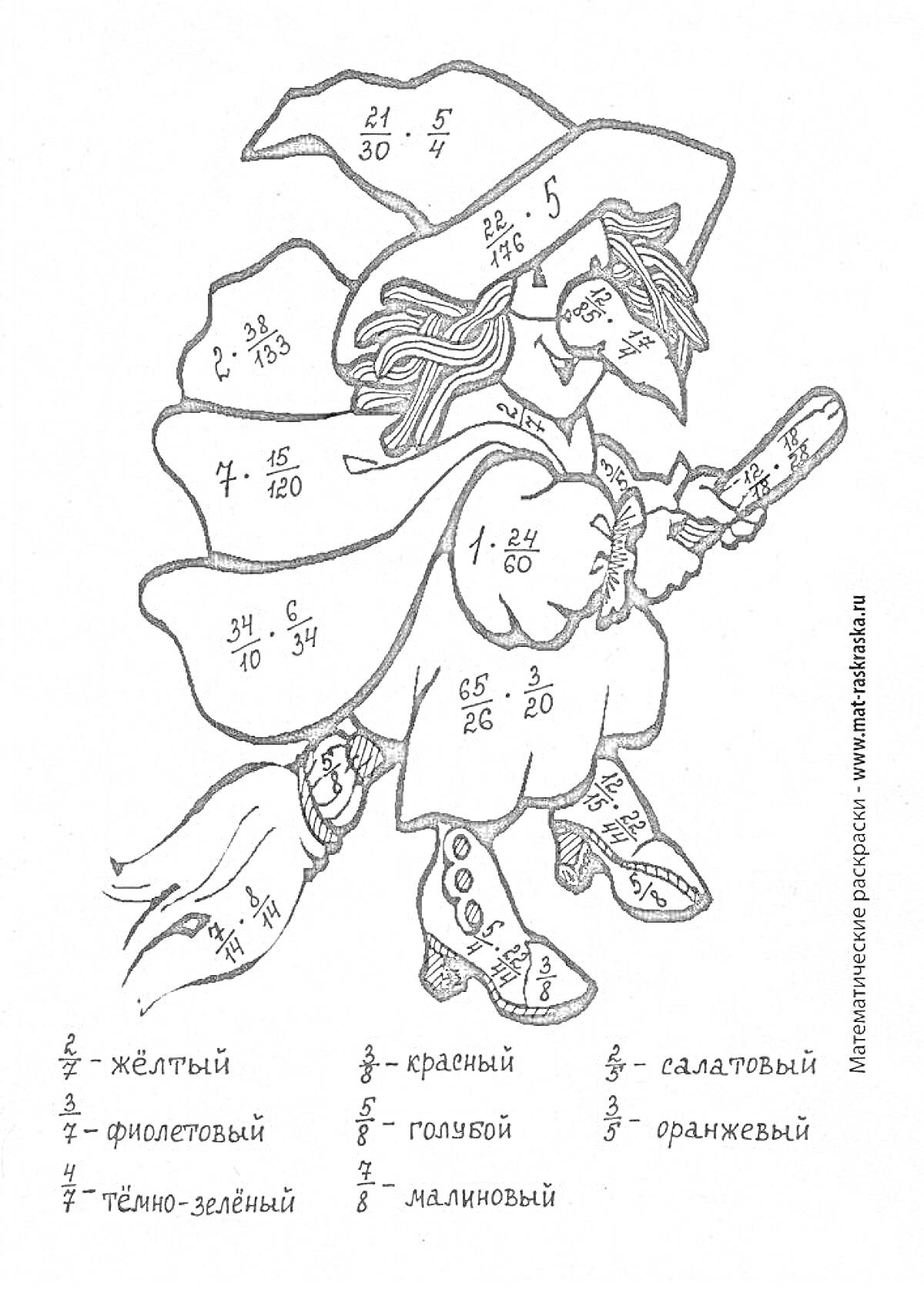 Раскраска раскраска с волшебником, математические примеры, плащ, шляпа, палочка, ботинки