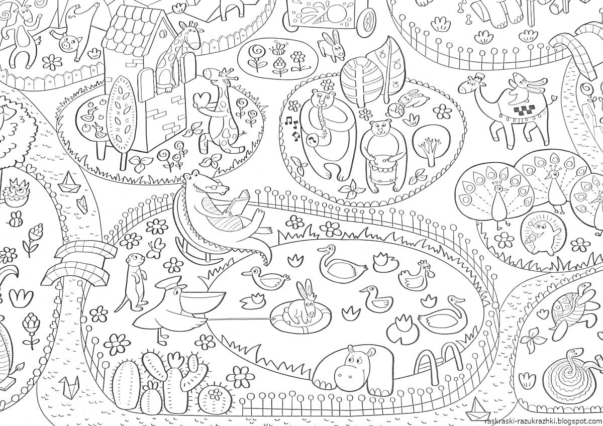 На раскраске изображено: Ферма, Животные, Пруд, Гуси, Свиньи, Лошадь, Деревья, Забор, Цветы