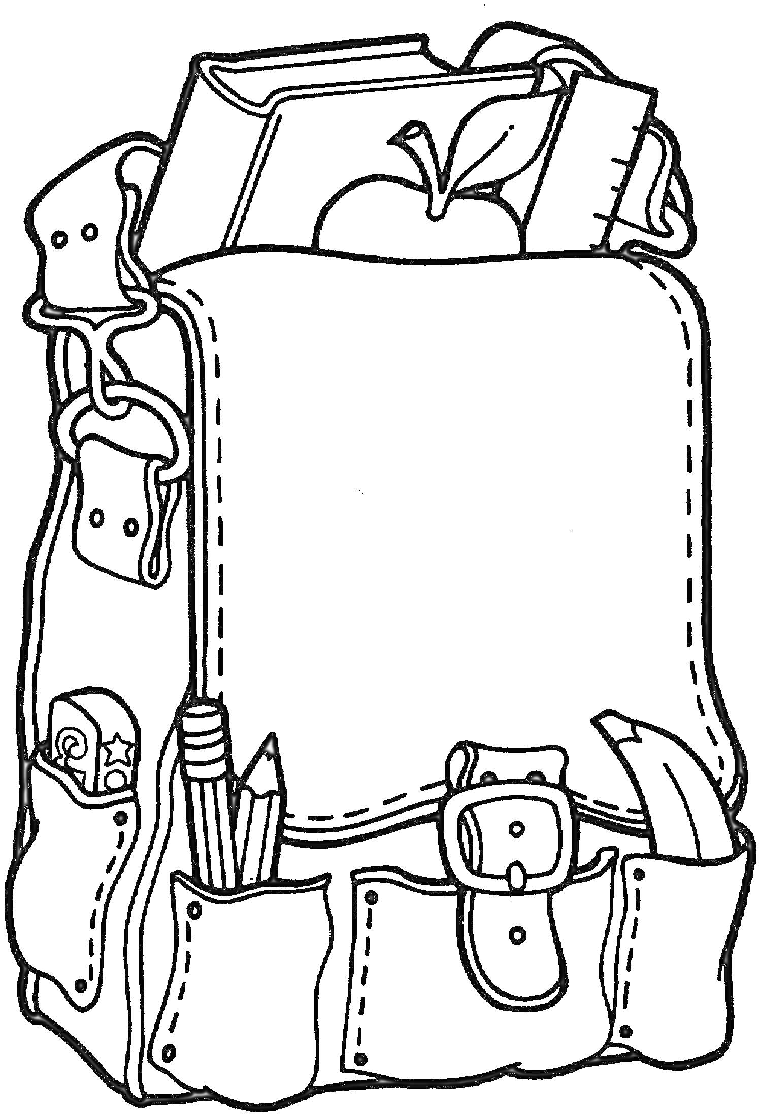На раскраске изображено: Рюкзак, Школьные принадлежности, Книга, Яблоко, Линейка, Ластик, Карандаши