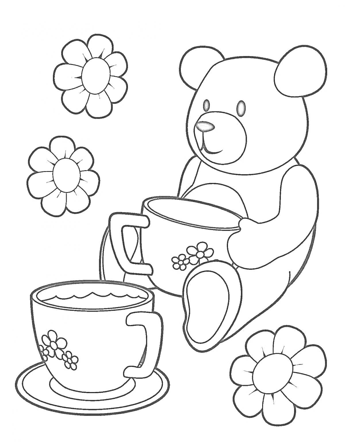На раскраске изображено: Медведь, Чаепитие, Цветы