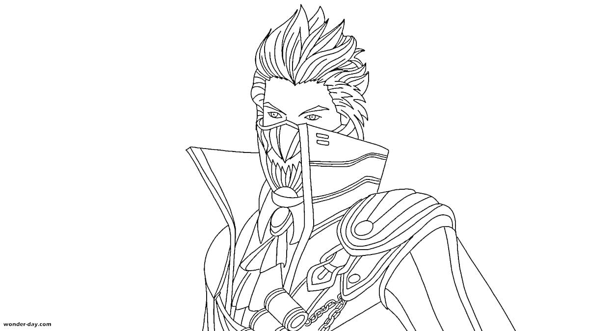 Раскраска Персонаж из игры Free Fire с маской, курткой с высоким воротником и оружием на плечах