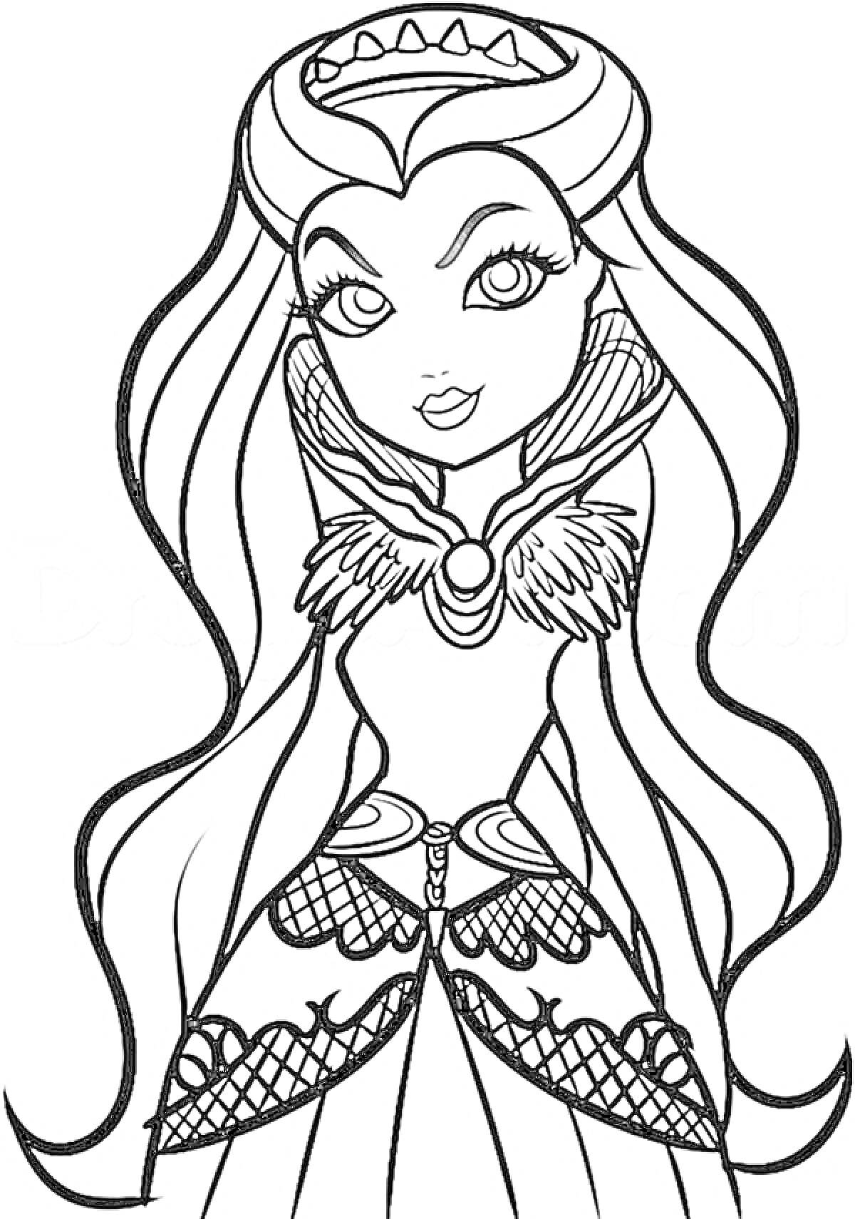 Девочка с длинными волосами и короной, в платье с кружевной вставкой и высоким воротником в стиле Эвер Афтер Хай