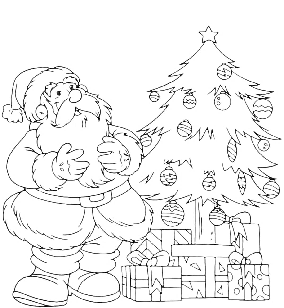 На раскраске изображено: Новый год, Дед Мороз, Подарки, Украшения, Разукрашка, Праздники, Ёлочные игрушки