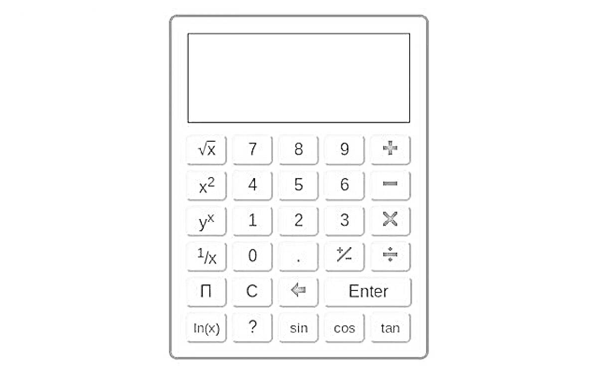 Раскраска Калькулятор с экраном и кнопками: √x, x^2, x^3, x^y, 1/x, π, 7, 8, 9, +, 4, 5, 6, -, 1, 2, 3, ×, 0, ., Enter, C, ÷, sin, cos, tan, ln(x)