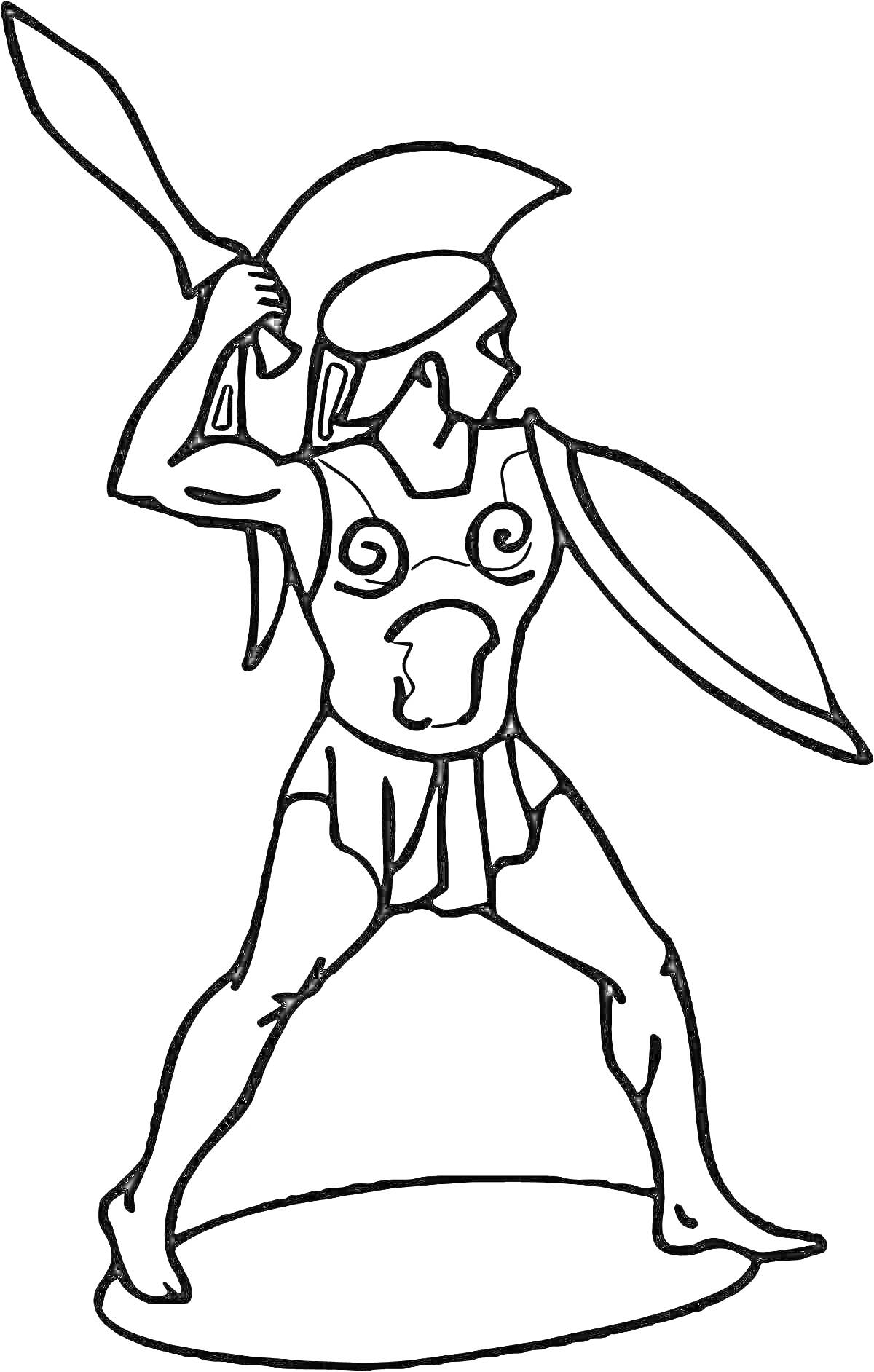 Раскраска Тесей в шлеме с мечом и щитом, готовящийся к удару, стоит на круглом основании