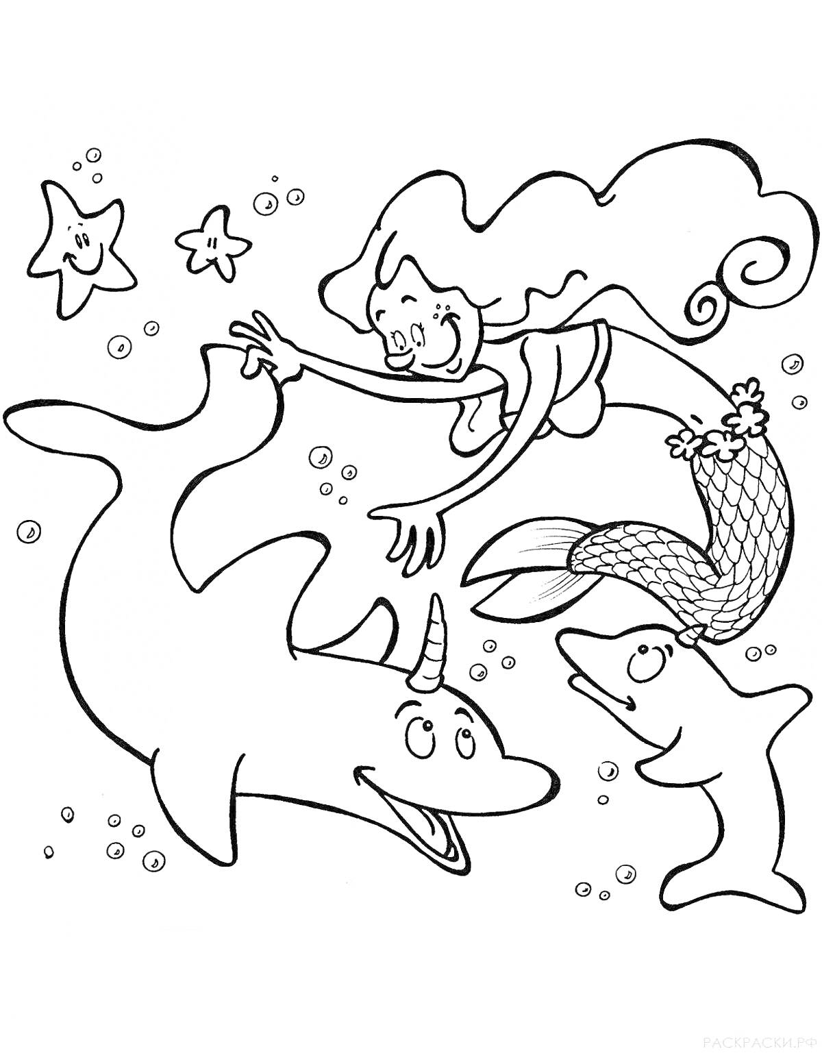 На раскраске изображено: Русалка, Морские звезды, Пузыри, Под водой, Море, Плавание