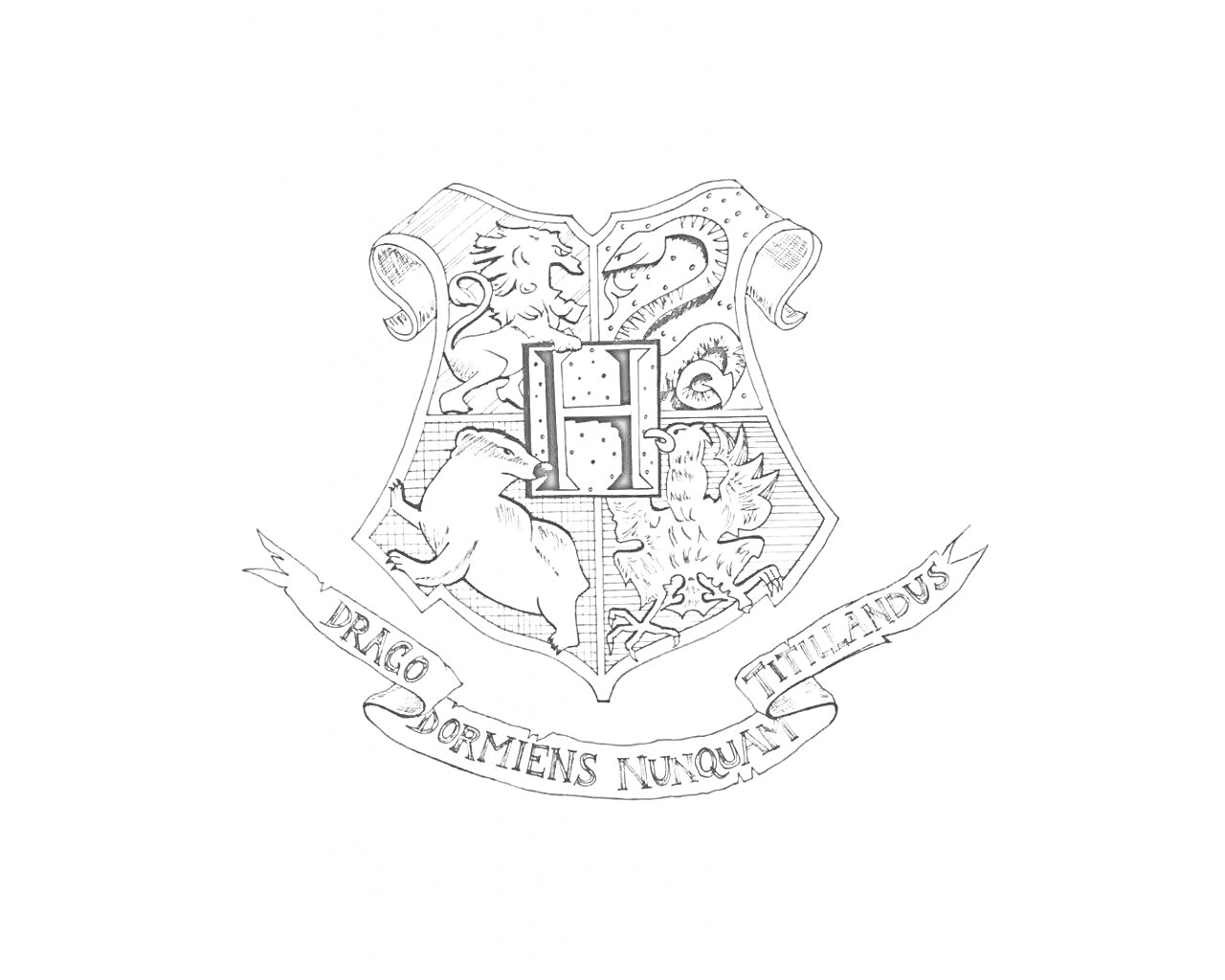 Раскраска Герб Хогвартса с изображением лева, змеи, барсука и орла, в центре буква 
