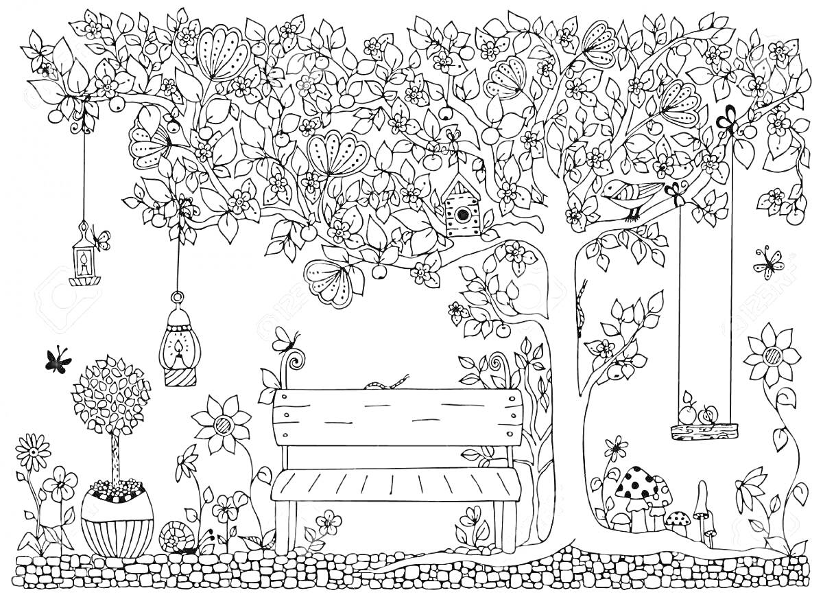 Раскраска Садовая сцена с скамейкой среди деревьев, бабочек и множества украшений