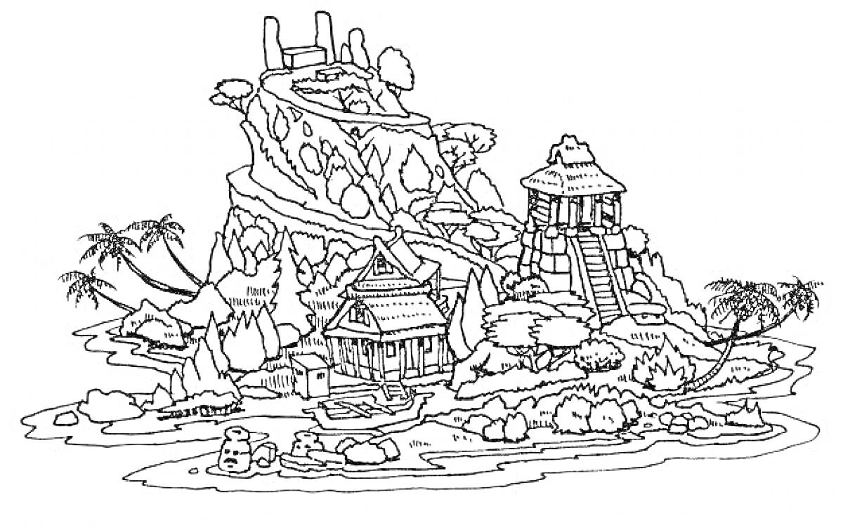 На раскраске изображено: Остров, Постройки, Пальмы, Скалы, Природа, Вода, Растительность, Лестница