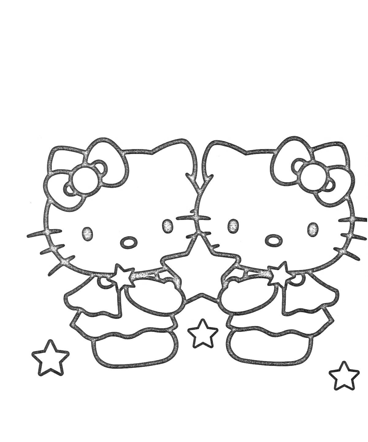 Раскраска Две Хеллоу Китти с бантами и звездами