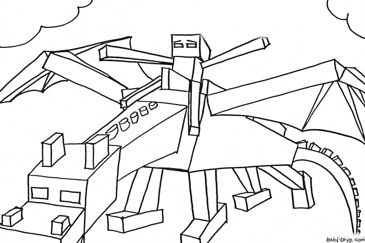 На раскраске изображено: Майнкрафт, Дракон, Всадник, Облака, Для мальчиков, Крутые