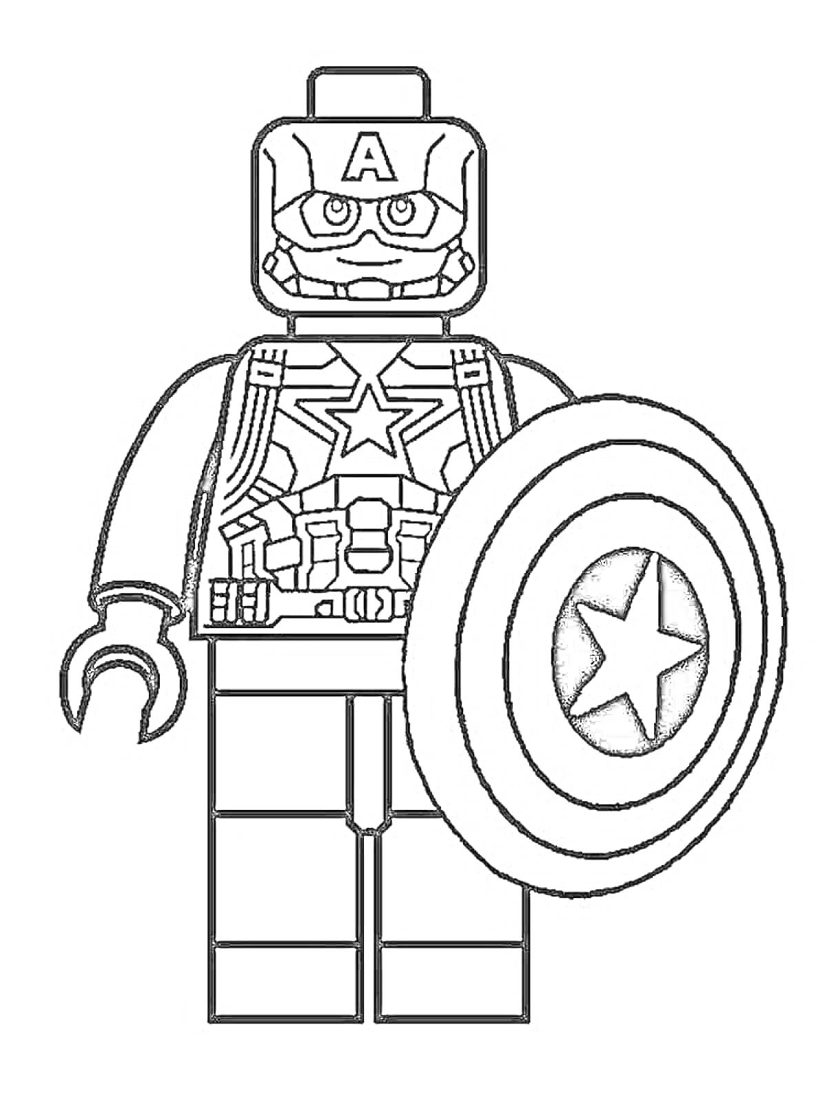 На раскраске изображено: Лего, Капитан америка, Щит, Герой, Марвел, Звезды, Комиксы, Супергерои