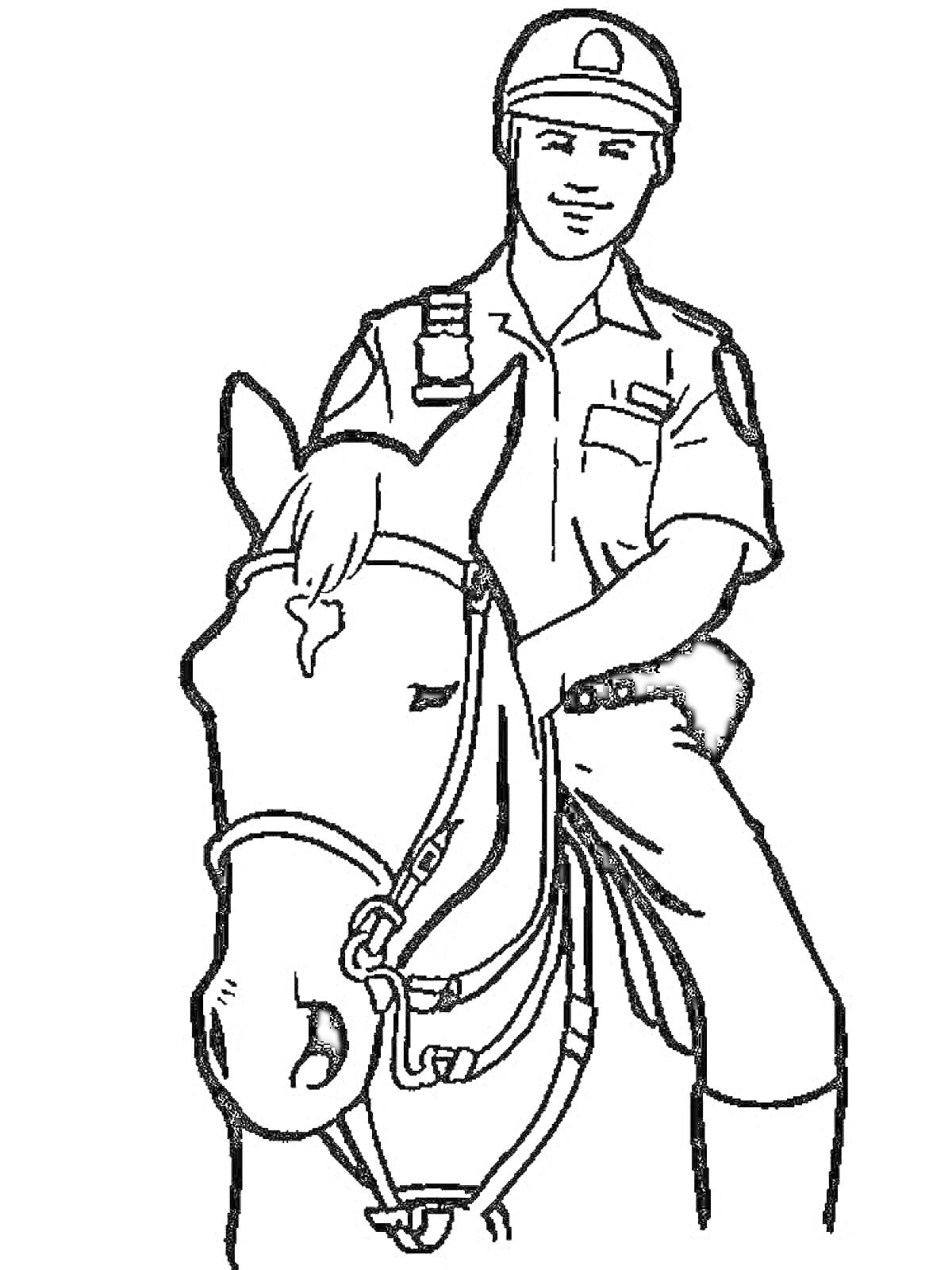 На раскраске изображено: Участковый, Конь, Лошадь, Форма, Патруль, Порядок