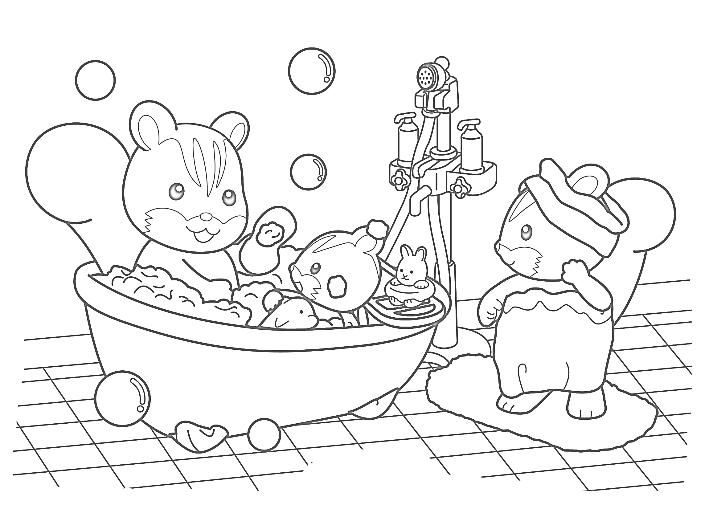 Раскраска Ванная комната с семейством из Сильвана Фэмили. Взрослый медведь купает двух маленьких медвежат, один из которых находится в ванне с игрушками, а второй стоит рядом на коврике. Ванна заполнена пеной, вокруг летят мыльные пузыри.