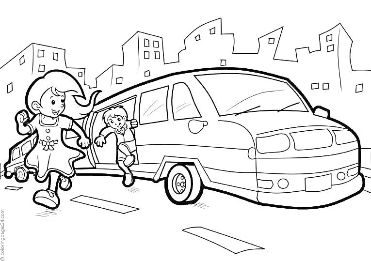 Раскраска Дети выходят из лимузина на городской улице