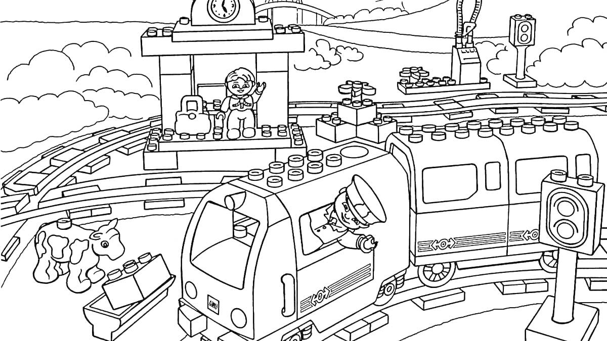 На раскраске изображено: Лего, Поезд, Машинист, Корова, Рельсы, Светофор, Часы, Здания, Города, Платформы