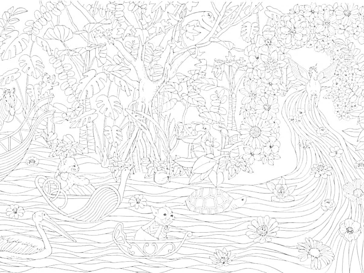 На раскраске изображено: Волшебный лес, Водопад, Животные, Деревья, Цветы, Лес, Растительность, Природа, Фантастический мир