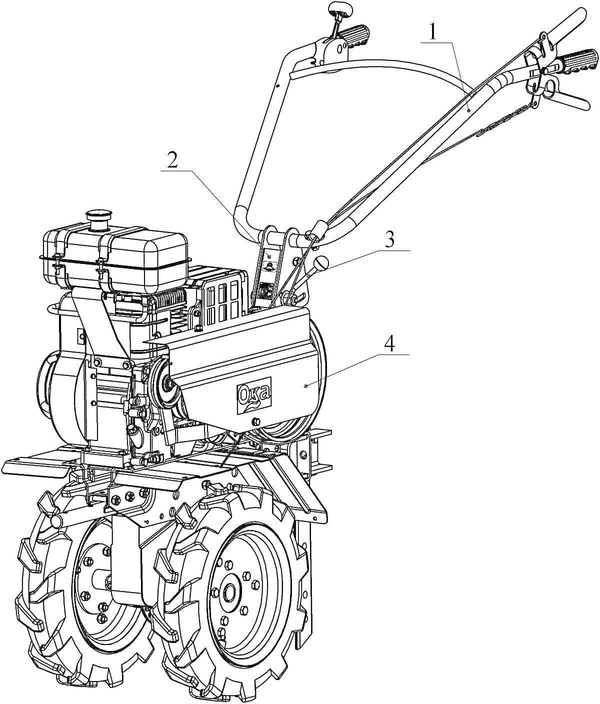 Мотоблок с ручками управления, двигателем, рамою и колёсами