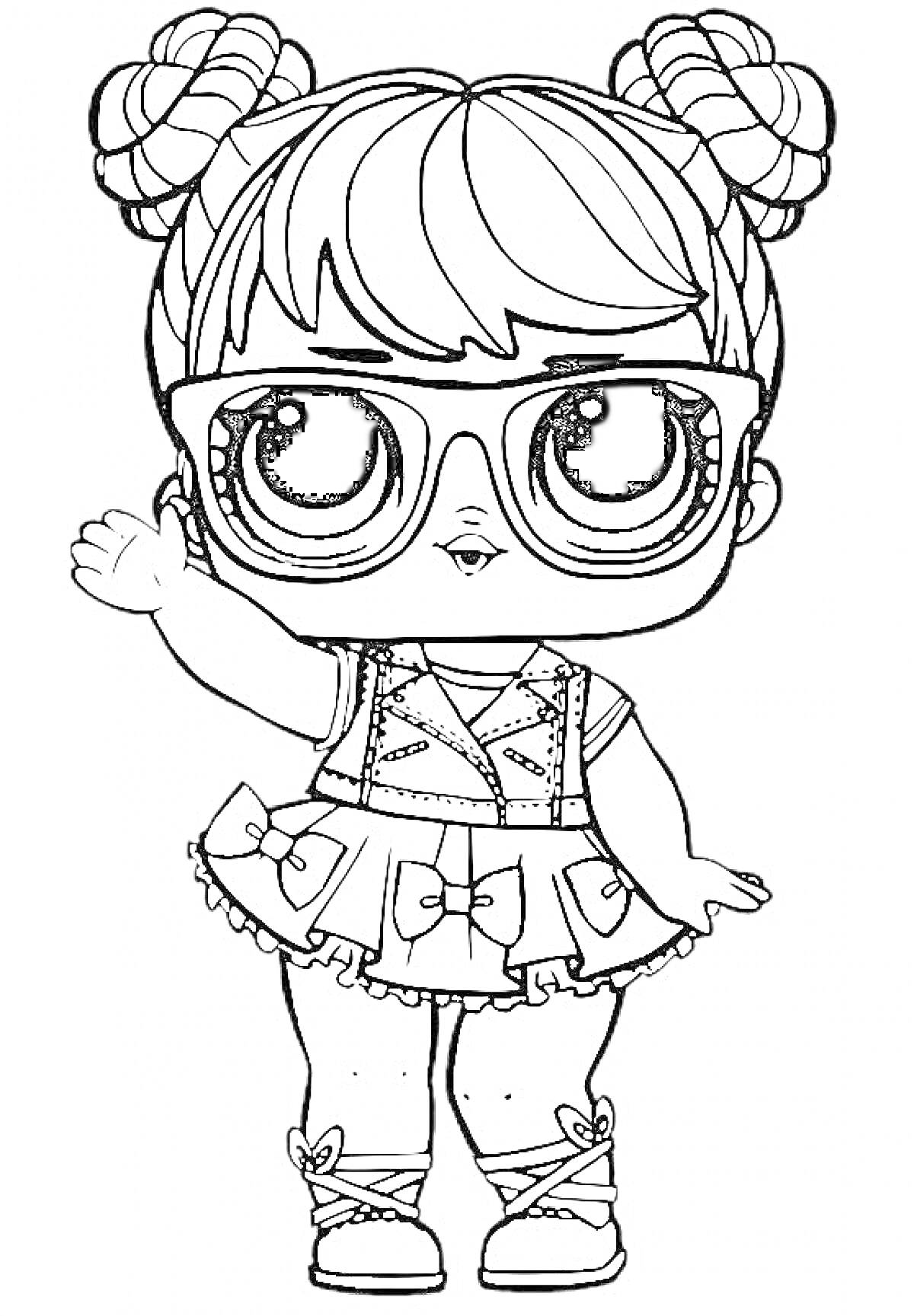 Раскраска Кукла Лол с большими глазами, в очках, с прической в виде двух пучков, в жилете и юбке с бантами.
