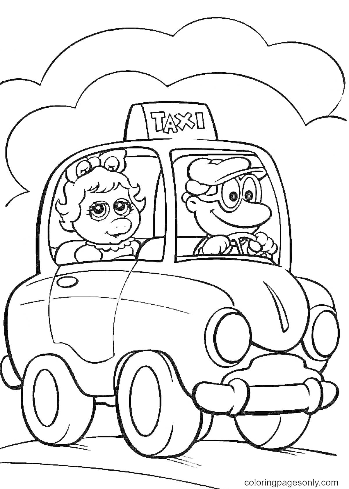 На раскраске изображено: Водитель, Такси, Облака, Транспорт