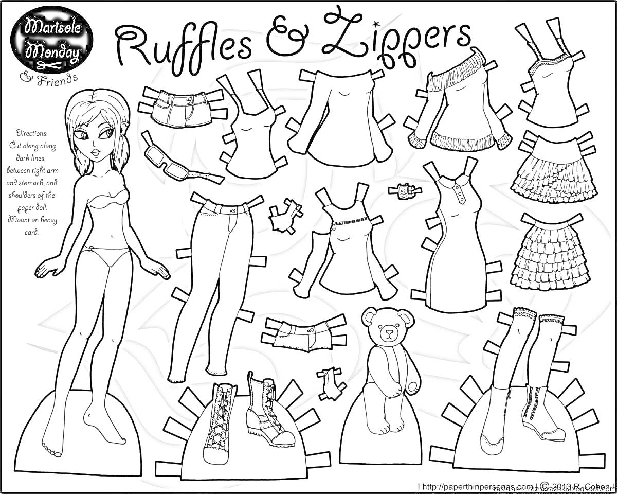 Раскраска Кукла с одеждой для вырезания: шорты, штаны, топы, платья, юбки, украшения, медведь, обувь.