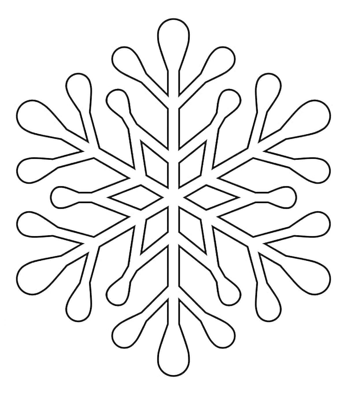 Раскраска Снежинка с шестиконечной симметрией и каплевидными концами