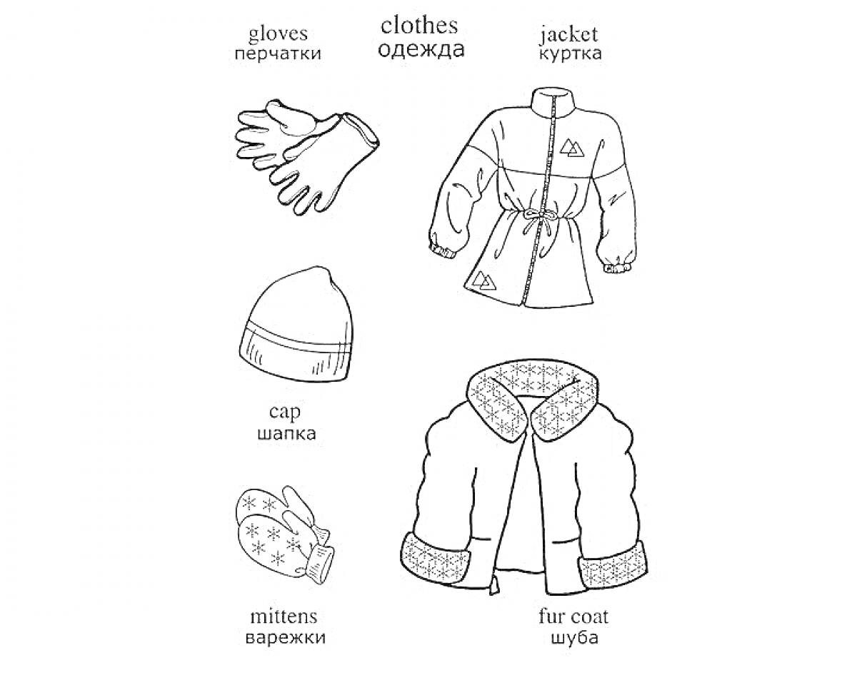 Раскраска gloves (перчатки), jacket (куртка), cap (шапка), mittens (варежки), fur coat (шуба)