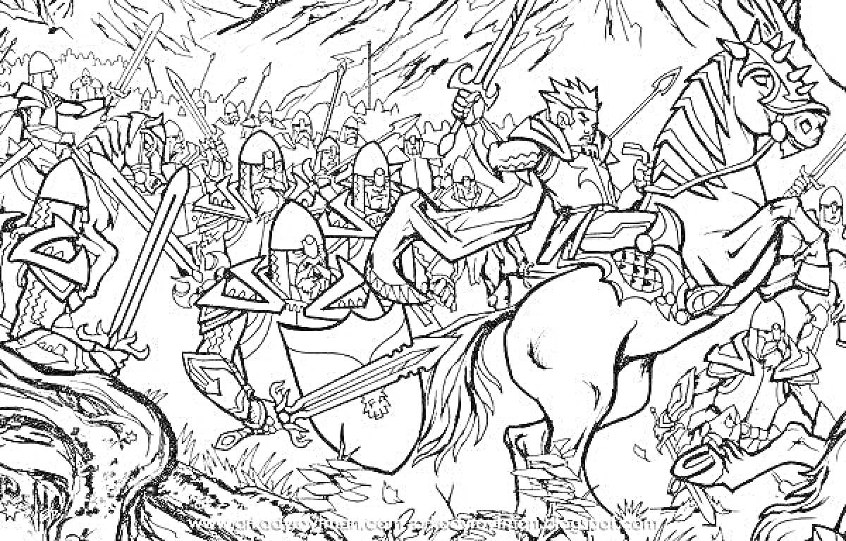 На раскраске изображено: Битва, Средневековье, Рыцари, Бой, Горы, Армия