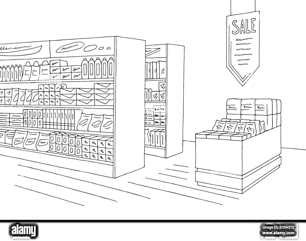 Раскраска Полки с продуктами, коробки, упаковки, вывеска 