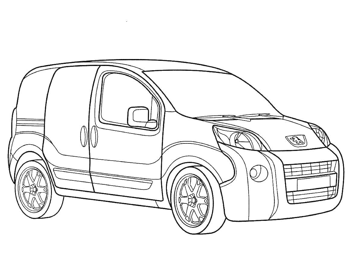 Раскраска Контур рисунка автомобиля Пежо с четырьмя колесами, двумя дверцами и логотипом марки на капоте