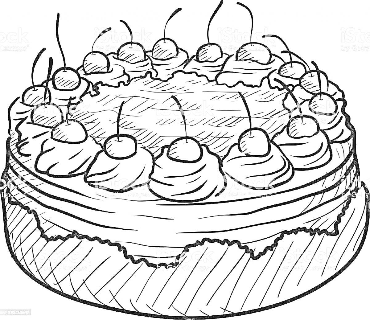 Раскраска Шоколадный торт с вишнями и кремом по краям