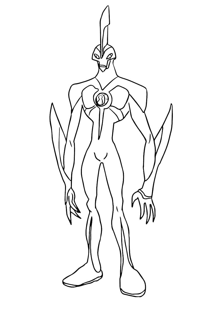 Чужеземный персонаж Бен Тен с острыми когтями, шлемом и эмблемой на груди